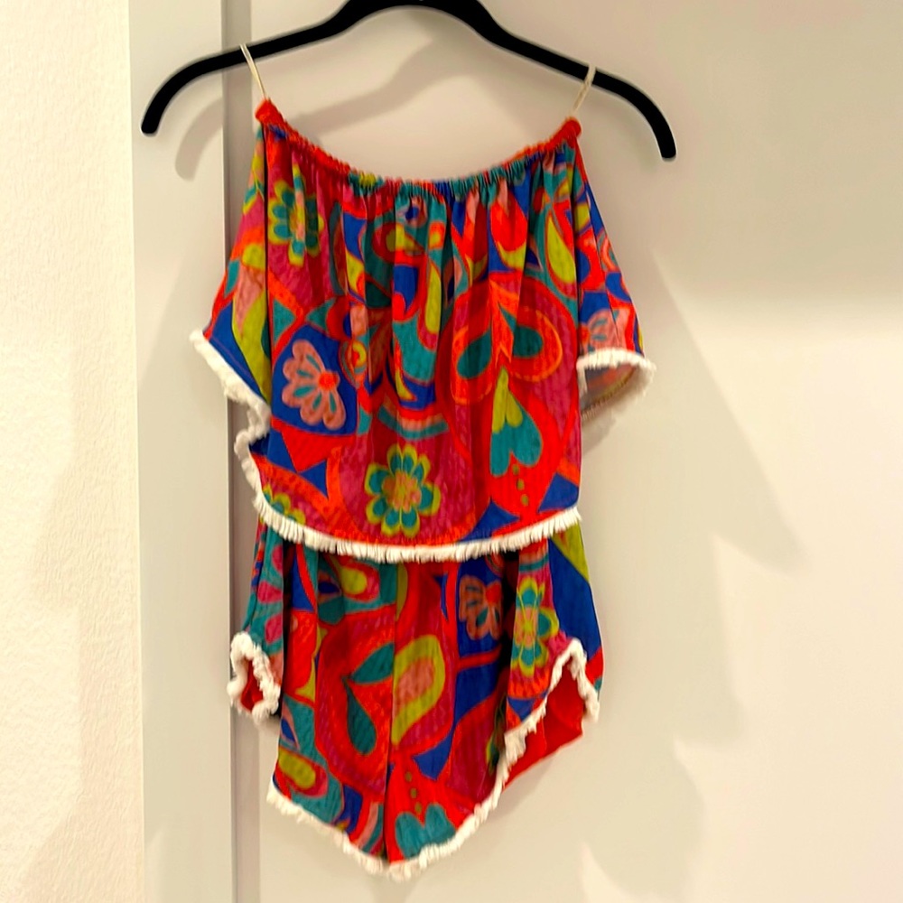 Lilly Pulitzer look a like romper.  Off the shoulder, lined, on piece romper.